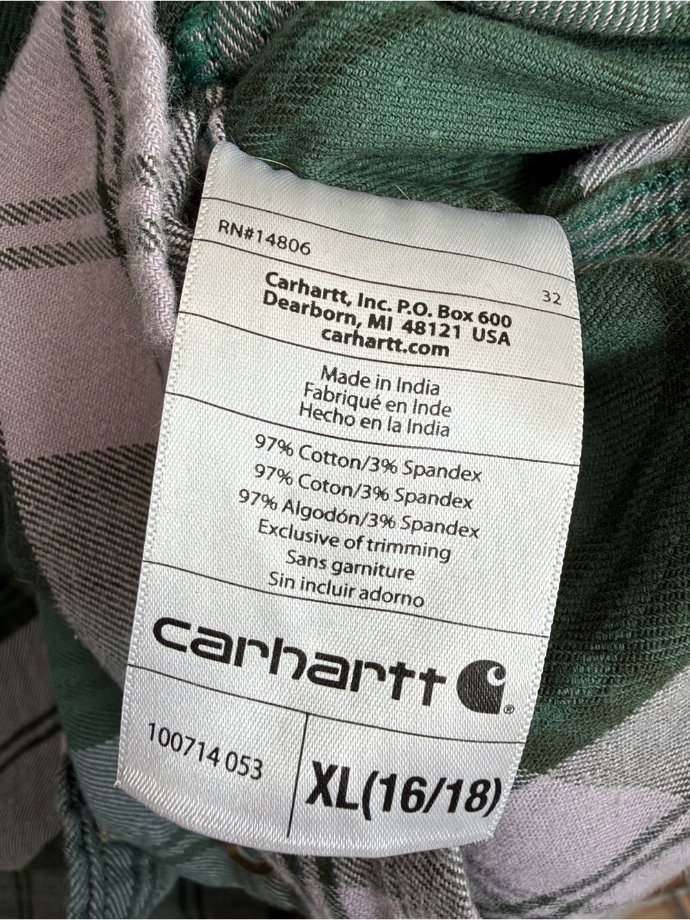 Carhartt Hamilton Flannel Shirt II XL 16/18 Green Gray Plaid Relaxed Fit Cotton - Picture 16 of 16